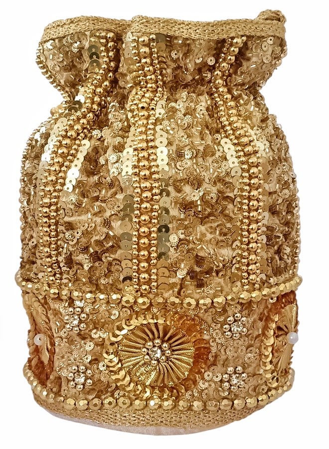 DUCHESS Sequin Potli Bag for Women | Bridal Wedding Potli Purse | Designer Handcrafted Ethnic Batua | Stylish Festive Potli Bag with Bead & Embroidery Work for Parties & Return Gifts (Golden) - Image 4